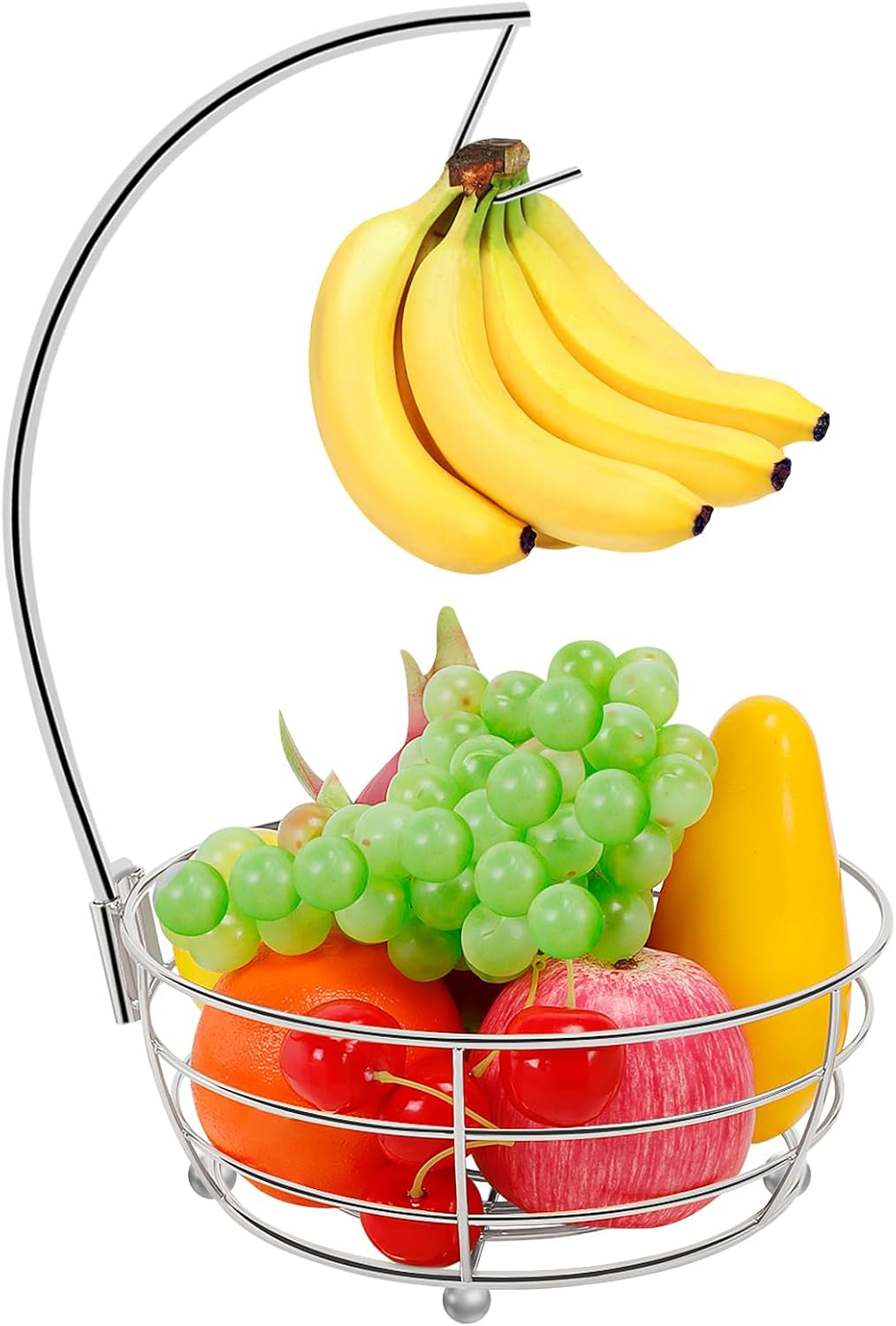 Countertop Fruit Basket Bowl with Banana Hanger, Modern Standing Fruit Vegetable Bowl Storage, with Banana Tree Holder for Kitchen Dinning Table (Round Wood, Black)