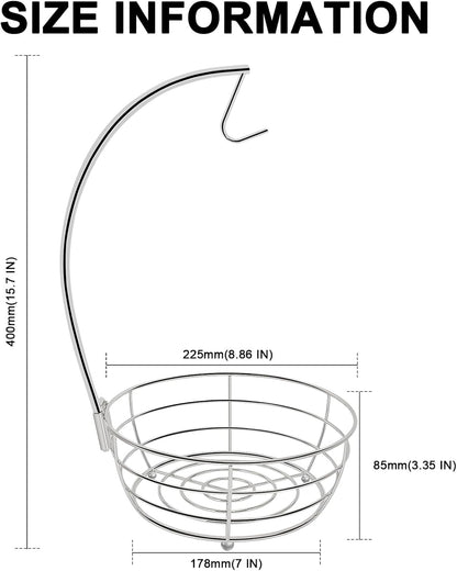 Countertop Fruit Basket Bowl with Banana Hanger, Modern Standing Fruit Vegetable Bowl Storage, with Banana Tree Holder for Kitchen Dinning Table (Round Wood, Black)