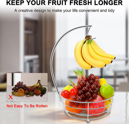 Countertop Fruit Basket Bowl with Banana Hanger, Modern Standing Fruit Vegetable Bowl Storage, with Banana Tree Holder for Kitchen Dinning Table (Round Wood, Black)