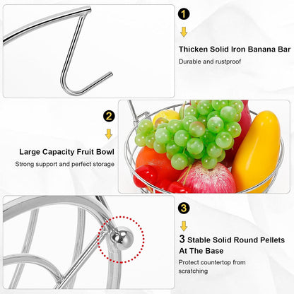 Countertop Fruit Basket Bowl with Banana Hanger, Modern Standing Fruit Vegetable Bowl Storage, with Banana Tree Holder for Kitchen Dinning Table (Round Wood, Black)