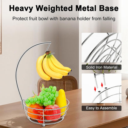 Countertop Fruit Basket Bowl with Banana Hanger, Modern Standing Fruit Vegetable Bowl Storage, with Banana Tree Holder for Kitchen Dinning Table (Round Wood, Black)