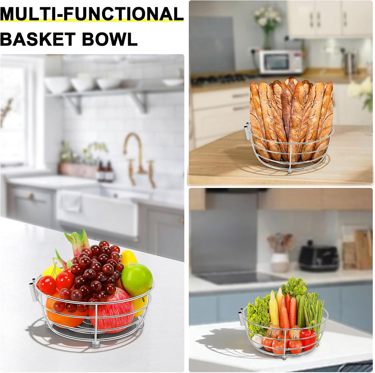 Countertop Fruit Basket Bowl with Banana Hanger, Modern Standing Fruit Vegetable Bowl Storage, with Banana Tree Holder for Kitchen Dinning Table (Round Wood, Black)