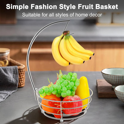 Countertop Fruit Basket Bowl with Banana Hanger, Modern Standing Fruit Vegetable Bowl Storage, with Banana Tree Holder for Kitchen Dinning Table (Round Wood, Black)