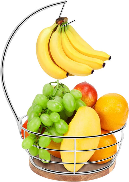 Countertop Fruit Basket Bowl with Banana Hanger, Modern Standing Fruit Vegetable Bowl Storage, with Banana Tree Holder for Kitchen Dinning Table (Round Wood, Black)