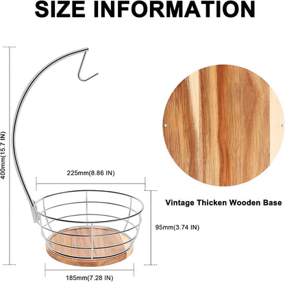 Countertop Fruit Basket Bowl with Banana Hanger, Modern Standing Fruit Vegetable Bowl Storage, with Banana Tree Holder for Kitchen Dinning Table (Round Wood, Black)