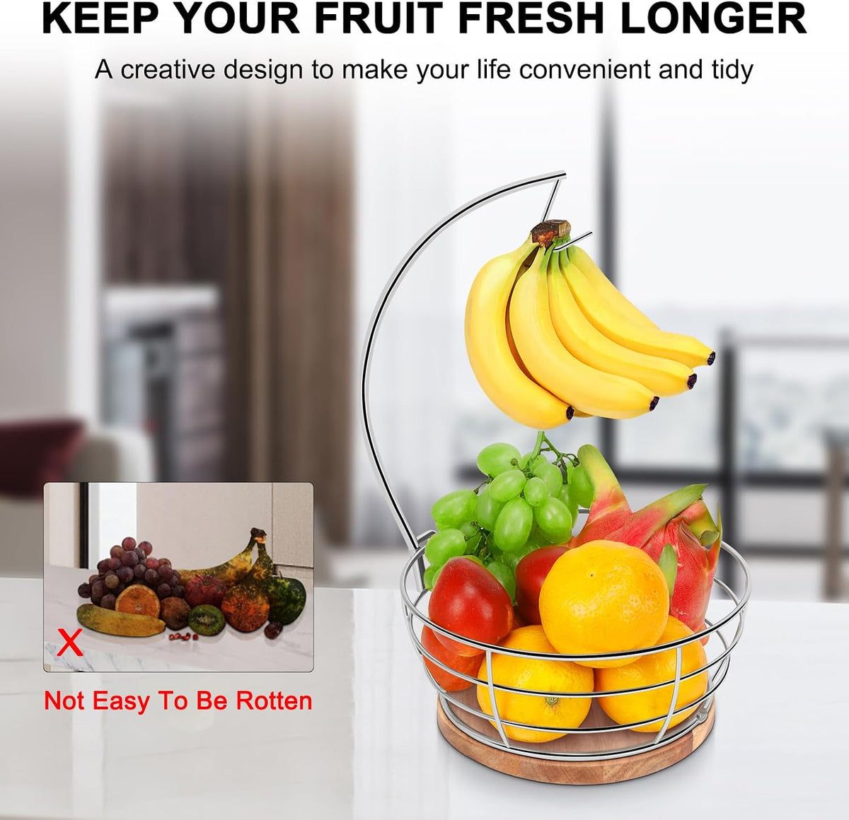 Countertop Fruit Basket Bowl with Banana Hanger, Modern Standing Fruit Vegetable Bowl Storage, with Banana Tree Holder for Kitchen Dinning Table (Round Wood, Black)