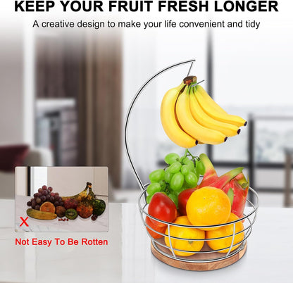 Countertop Fruit Basket Bowl with Banana Hanger, Modern Standing Fruit Vegetable Bowl Storage, with Banana Tree Holder for Kitchen Dinning Table (Round Wood, Black)