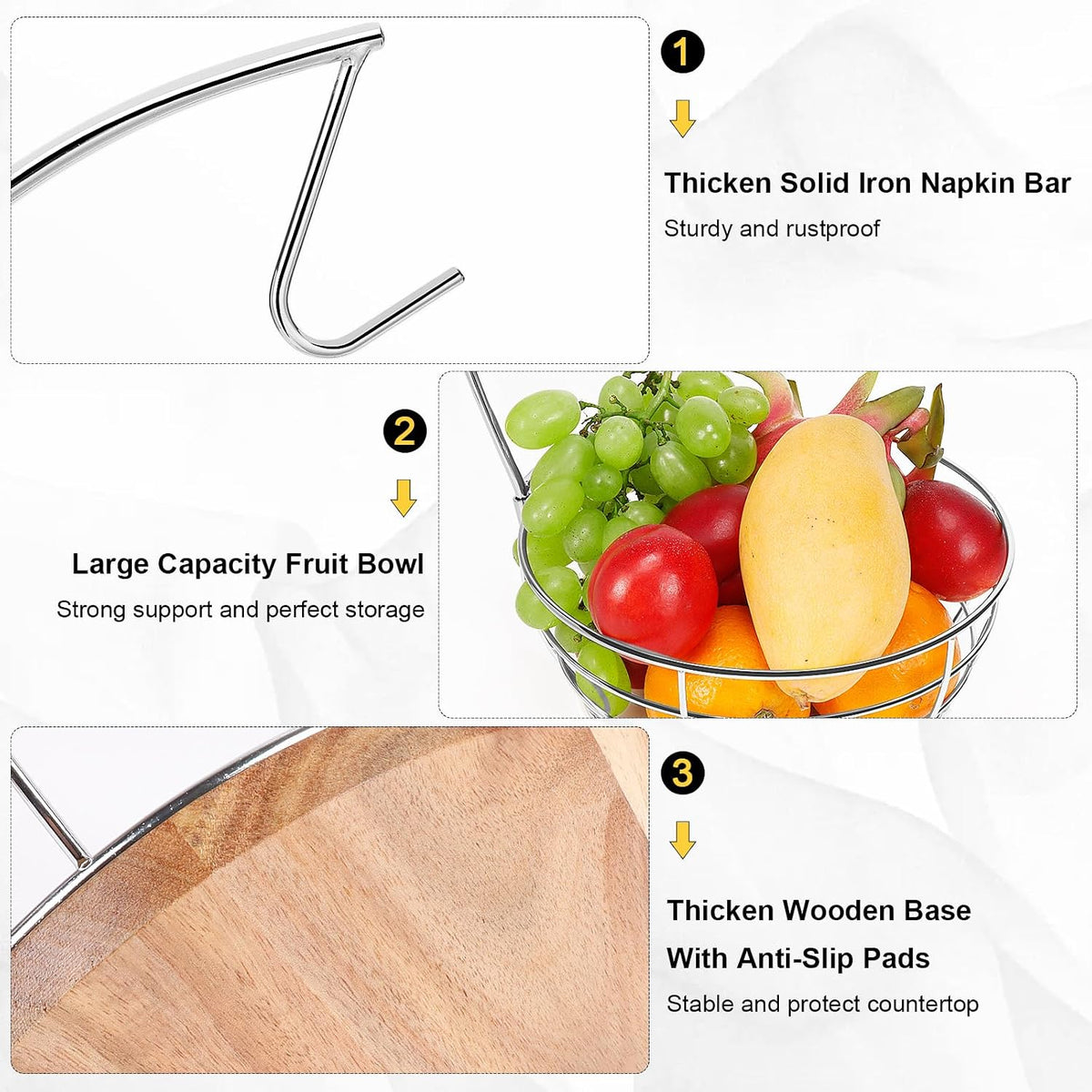 Countertop Fruit Basket Bowl with Banana Hanger, Modern Standing Fruit Vegetable Bowl Storage, with Banana Tree Holder for Kitchen Dinning Table (Round Wood, Black)