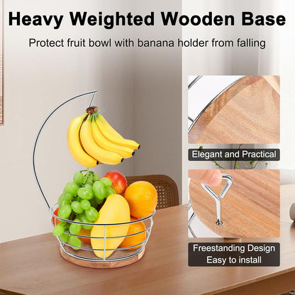 Countertop Fruit Basket Bowl with Banana Hanger, Modern Standing Fruit Vegetable Bowl Storage, with Banana Tree Holder for Kitchen Dinning Table (Round Wood, Black)