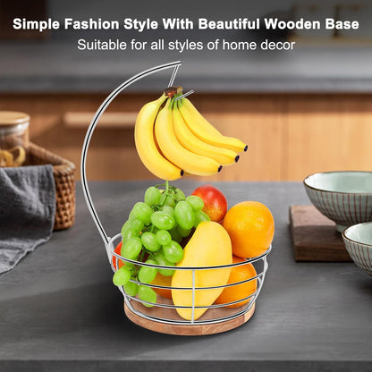 Countertop Fruit Basket Bowl with Banana Hanger, Modern Standing Fruit Vegetable Bowl Storage, with Banana Tree Holder for Kitchen Dinning Table (Round Wood, Black)