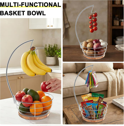 Countertop Fruit Basket Bowl with Banana Hanger, Modern Standing Fruit Vegetable Bowl Storage, with Banana Tree Holder for Kitchen Dinning Table (Round Wood, Black)