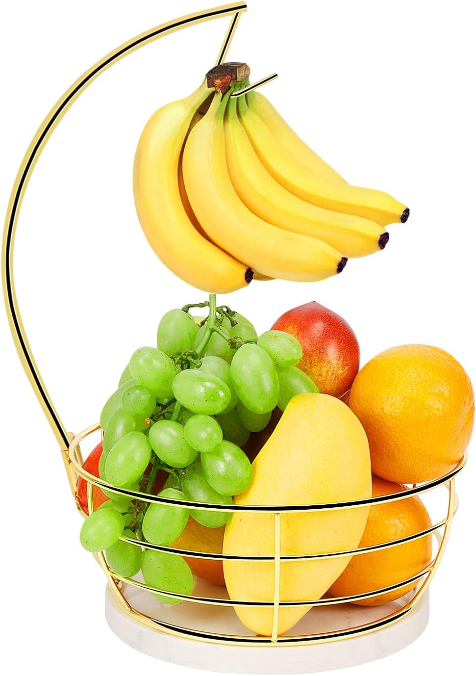 Countertop Fruit Basket Bowl with Banana Hanger, Modern Standing Fruit Vegetable Bowl Storage, with Banana Tree Holder for Kitchen Dinning Table (Round Wood, Black)