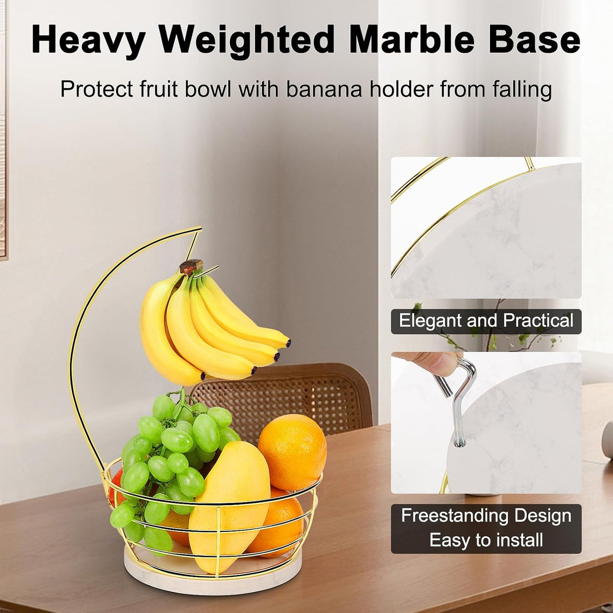 Countertop Fruit Basket Bowl with Banana Hanger, Modern Standing Fruit Vegetable Bowl Storage, with Banana Tree Holder for Kitchen Dinning Table (Round Wood, Black)