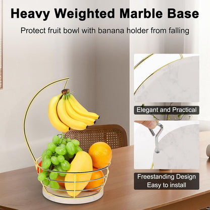 Countertop Fruit Basket Bowl with Banana Hanger, Modern Standing Fruit Vegetable Bowl Storage, with Banana Tree Holder for Kitchen Dinning Table (Round Wood, Black)