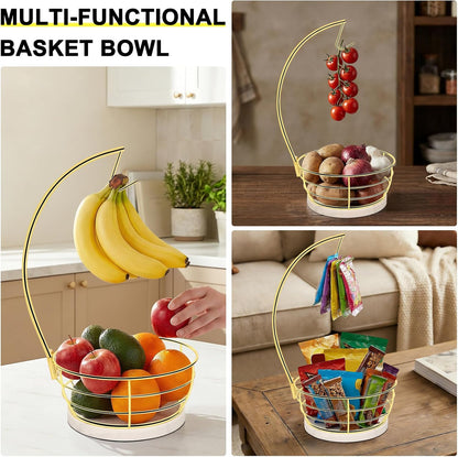 Countertop Fruit Basket Bowl with Banana Hanger, Modern Standing Fruit Vegetable Bowl Storage, with Banana Tree Holder for Kitchen Dinning Table (Round Wood, Black)