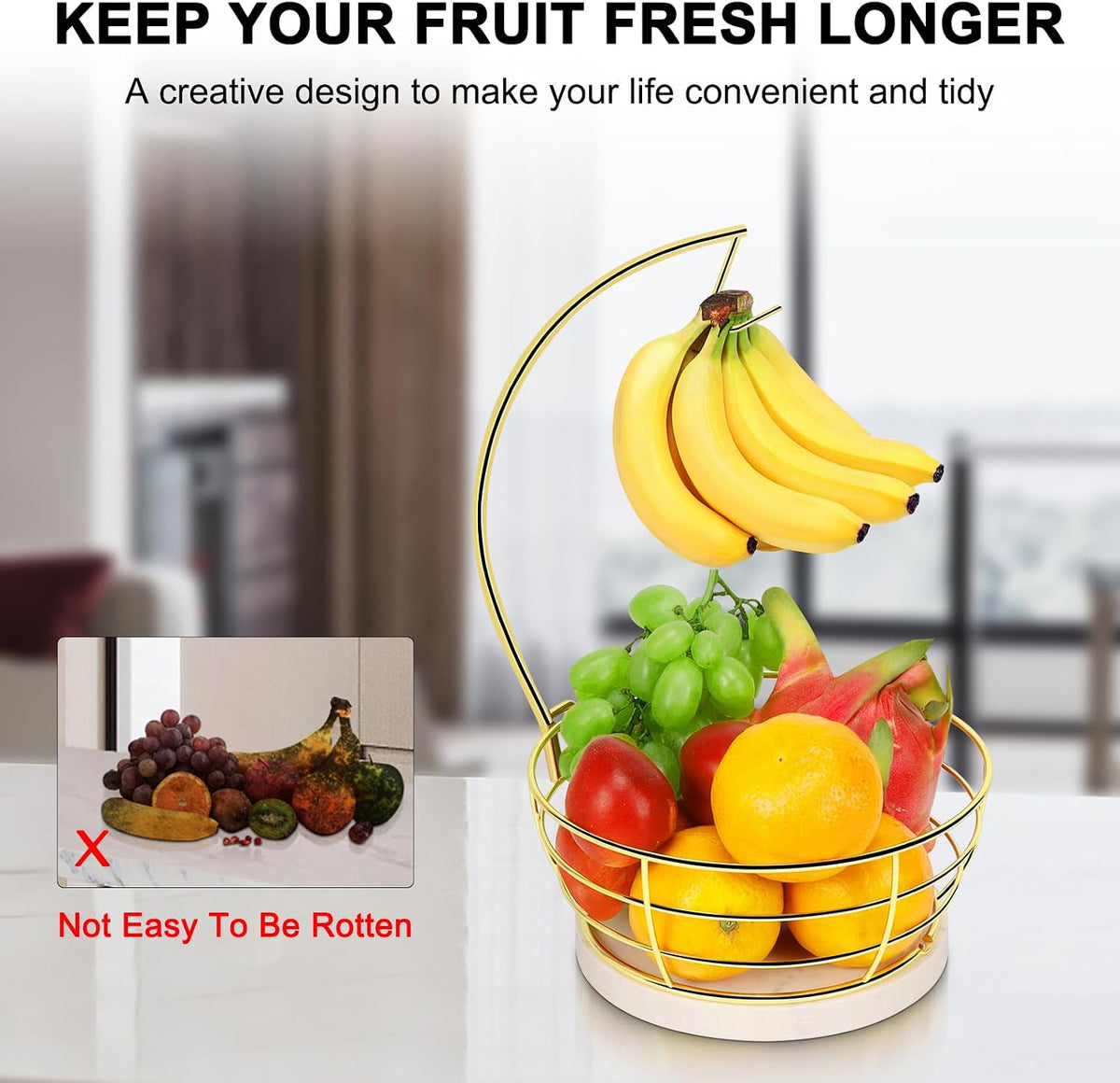 Countertop Fruit Basket Bowl with Banana Hanger, Modern Standing Fruit Vegetable Bowl Storage, with Banana Tree Holder for Kitchen Dinning Table (Round Wood, Black)