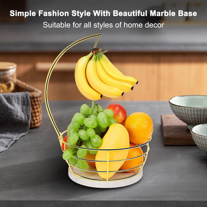 Countertop Fruit Basket Bowl with Banana Hanger, Modern Standing Fruit Vegetable Bowl Storage, with Banana Tree Holder for Kitchen Dinning Table (Round Wood, Black)