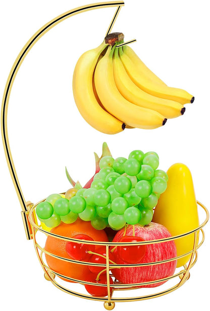 Countertop Fruit Basket Bowl with Banana Hanger, Modern Standing Fruit Vegetable Bowl Storage, with Banana Tree Holder for Kitchen Dinning Table (Round Wood, Black)