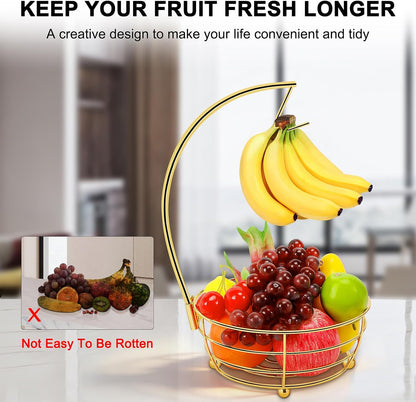 Countertop Fruit Basket Bowl with Banana Hanger, Modern Standing Fruit Vegetable Bowl Storage, with Banana Tree Holder for Kitchen Dinning Table (Round Wood, Black)