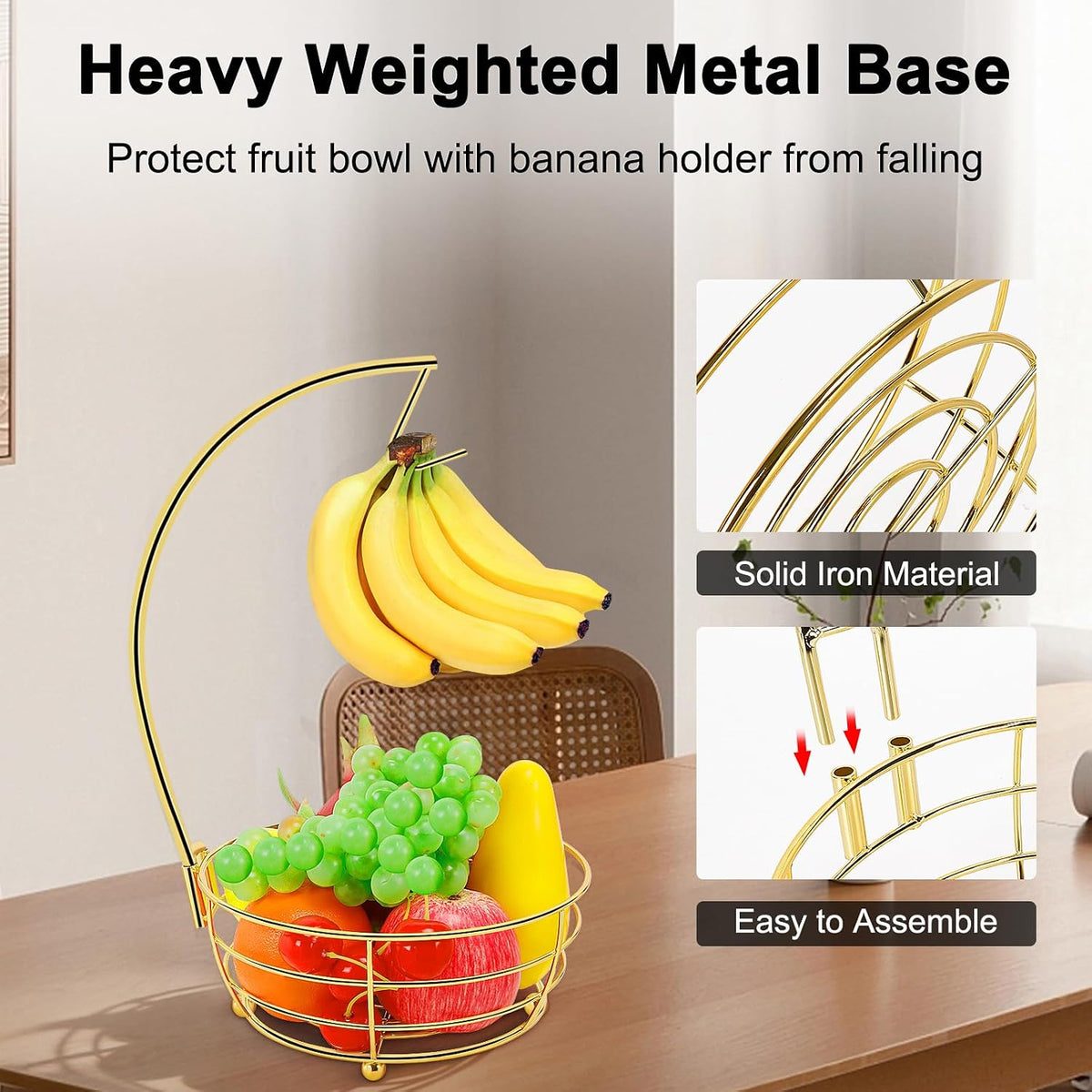 Countertop Fruit Basket Bowl with Banana Hanger, Modern Standing Fruit Vegetable Bowl Storage, with Banana Tree Holder for Kitchen Dinning Table (Round Wood, Black)