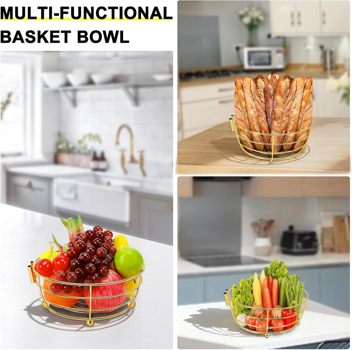 Countertop Fruit Basket Bowl with Banana Hanger, Modern Standing Fruit Vegetable Bowl Storage, with Banana Tree Holder for Kitchen Dinning Table (Round Wood, Black)