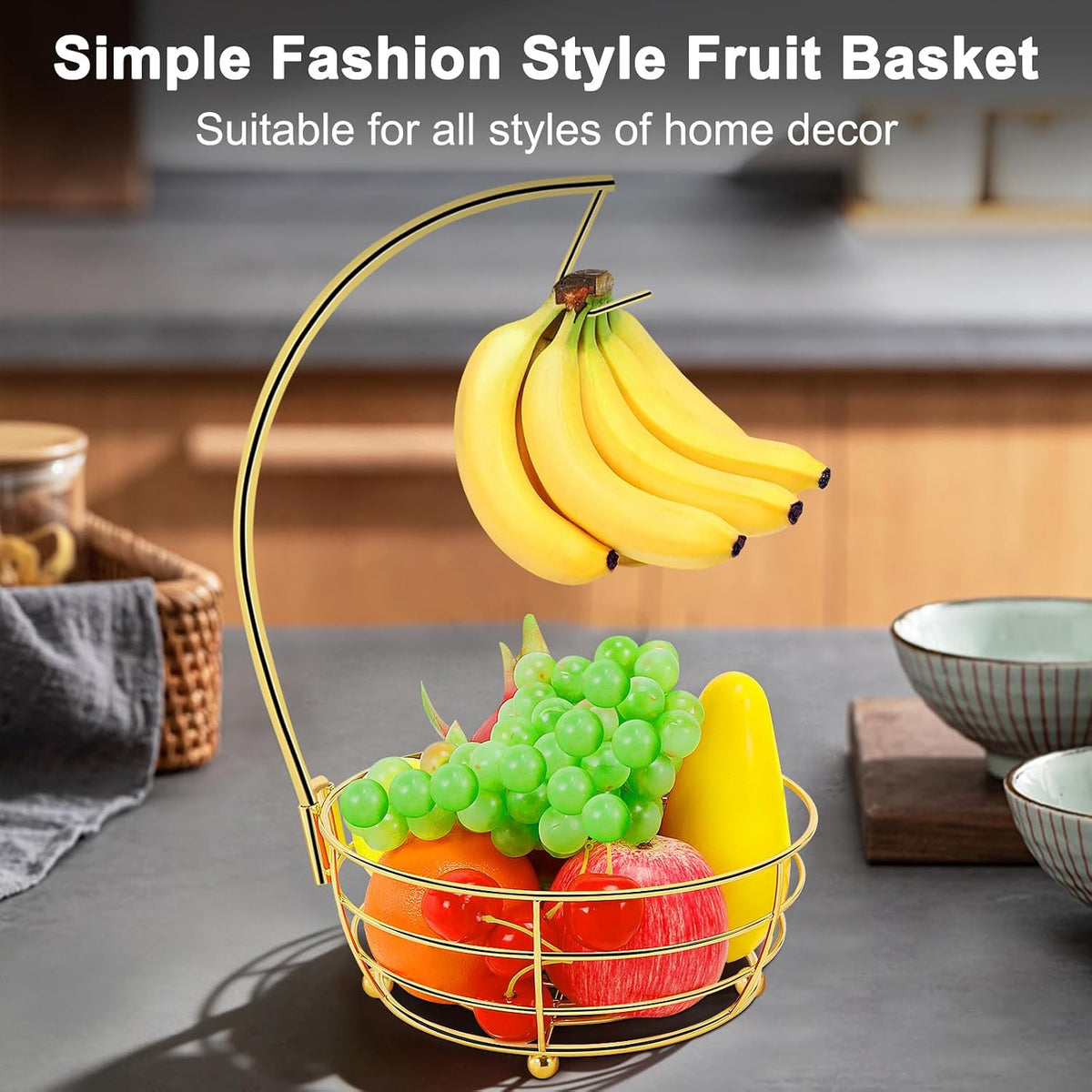 Countertop Fruit Basket Bowl with Banana Hanger, Modern Standing Fruit Vegetable Bowl Storage, with Banana Tree Holder for Kitchen Dinning Table (Round Wood, Black)