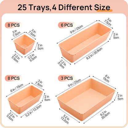 25 PCS Clear Plastic Drawer Organizers Set, 4-Size Versatile Bathroom and Vanity Drawer Organizer Trays, Storage Bins for Makeup, Bedroom, Kitchen Gadgets Utensils and Office