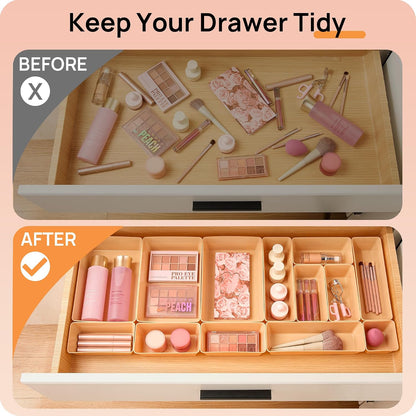 25 PCS Clear Plastic Drawer Organizers Set, 4-Size Versatile Bathroom and Vanity Drawer Organizer Trays, Storage Bins for Makeup, Bedroom, Kitchen Gadgets Utensils and Office