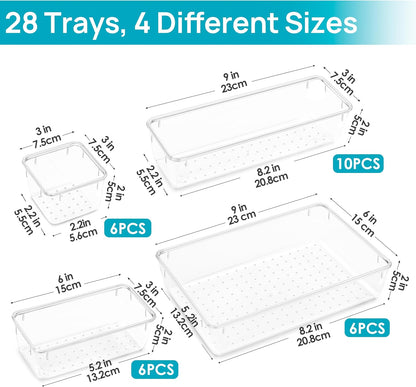 25 PCS Clear Plastic Drawer Organizers Set, 4-Size Versatile Bathroom and Vanity Drawer Organizer Trays, Storage Bins for Makeup, Bedroom, Kitchen Gadgets Utensils and Office
