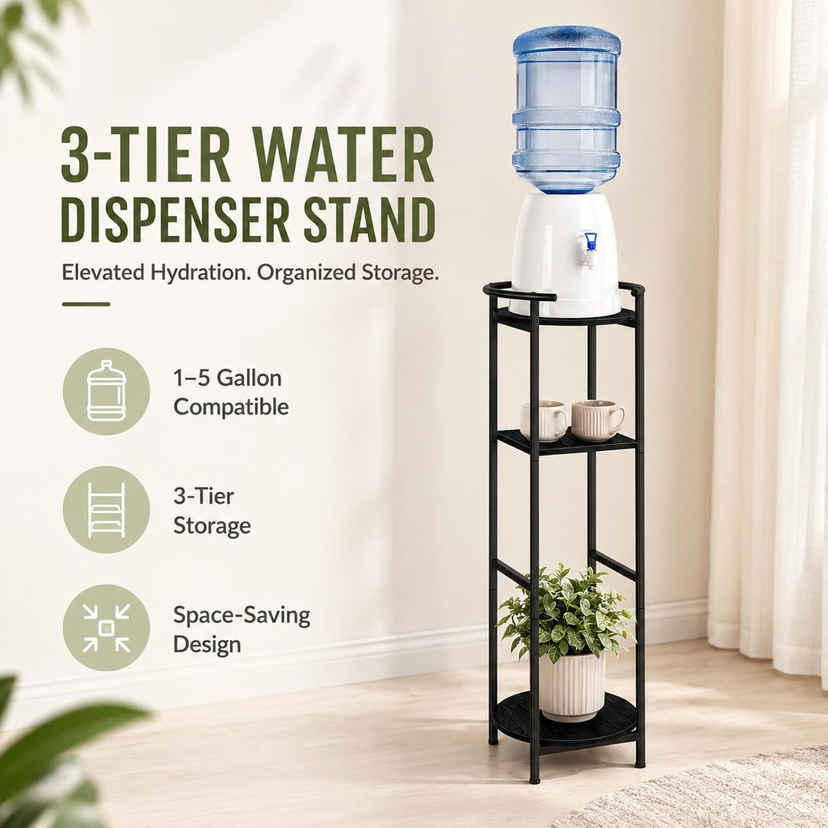 Water Dispenser Stand Wood 5 Gallon Water Jug Holder with Storage Shelf