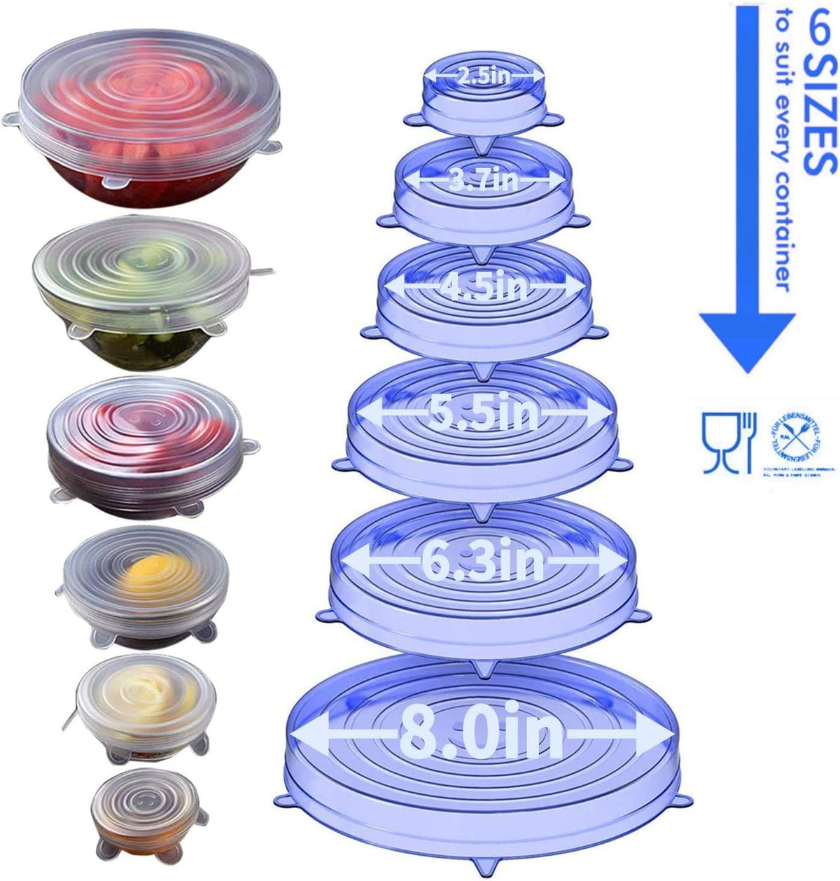 Silicone Stretch Lids, 18 Pack Reusable Silicone Lids, Silicone Bowl Covers, 6 Sizes Silicone Covers Apply to Food Container, for Freezer & Microwave