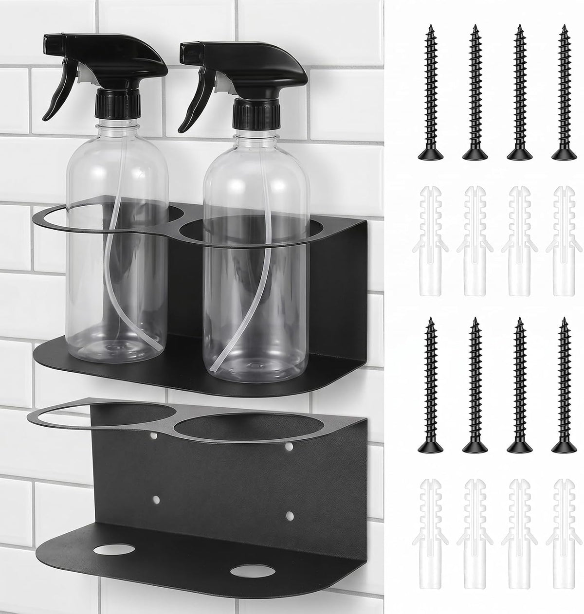 2 Pcs Spray Bottle Rack for Wall Mount, Heavy Duty Metal Carbon Steel Bottle Holders with Double Holes, Wall Mount Organizer for Garage & Workspace, Accessories Included