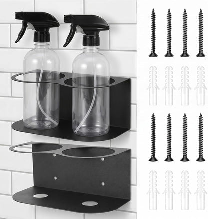 2 Pcs Spray Bottle Rack for Wall Mount, Heavy Duty Metal Carbon Steel Bottle Holders with Double Holes, Wall Mount Organizer for Garage & Workspace, Accessories Included