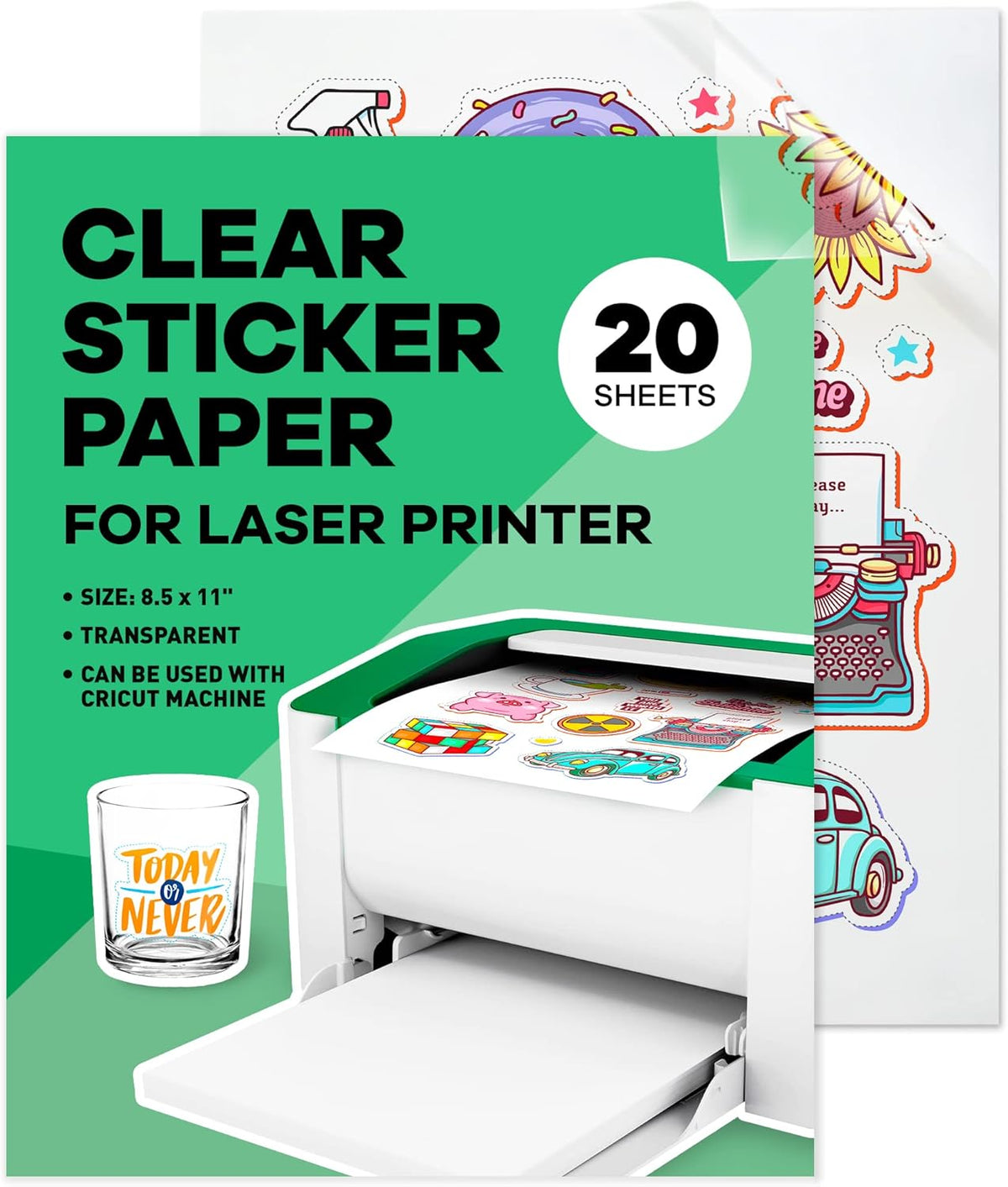 90% Clear Sticker Paper for Inkjet Printer (20 Sheets) - Transparent Glossy 8.5 x 11 - Printable Vinyl //