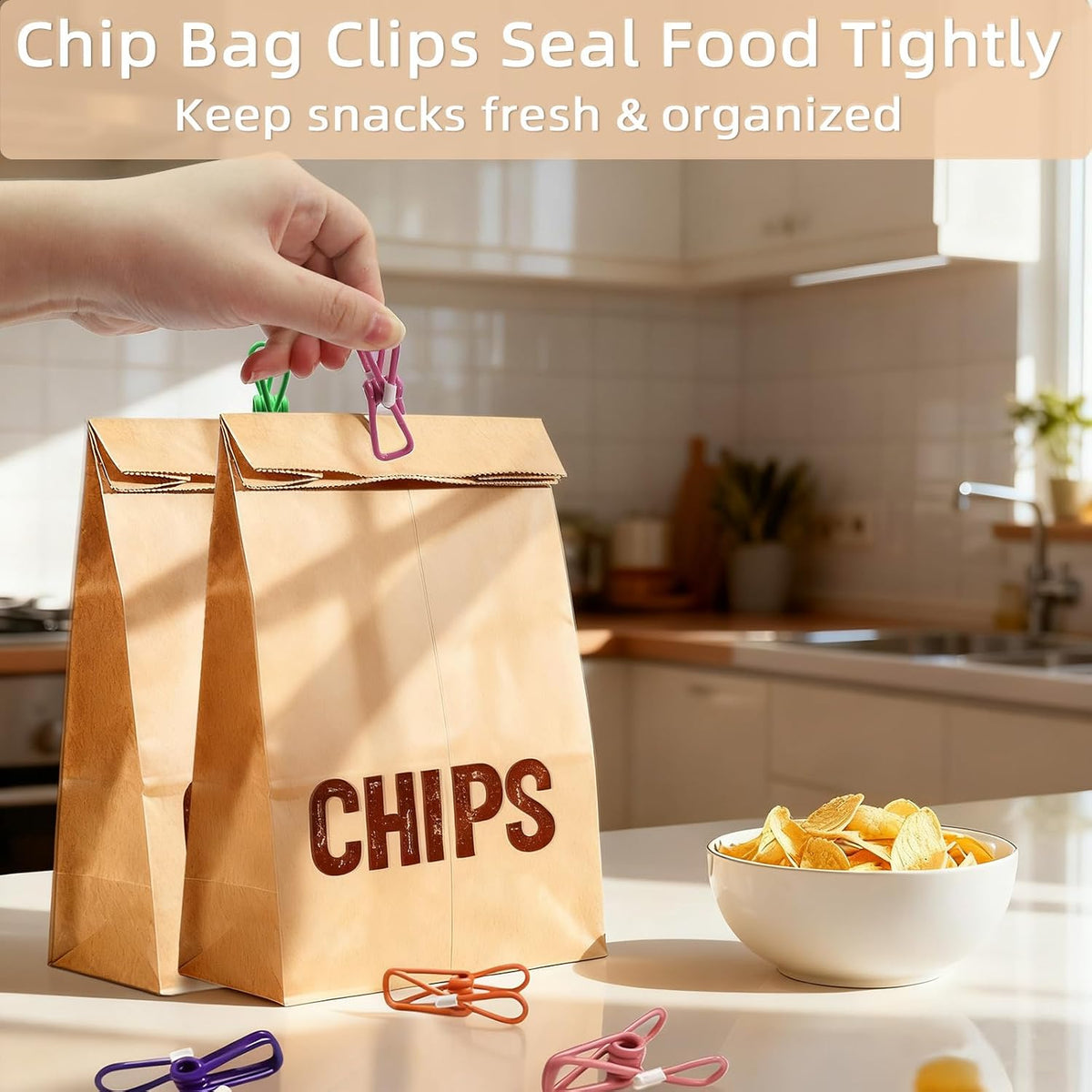 Chip Clips, Colorful Metal Chip Bag Clips with Rubber Caps PVC-Coated Strong Spring Steel Clip for Food Package, Chips Bag, Snack, Clothes pins, Paper, 5 Random Colors 2.2 Inch