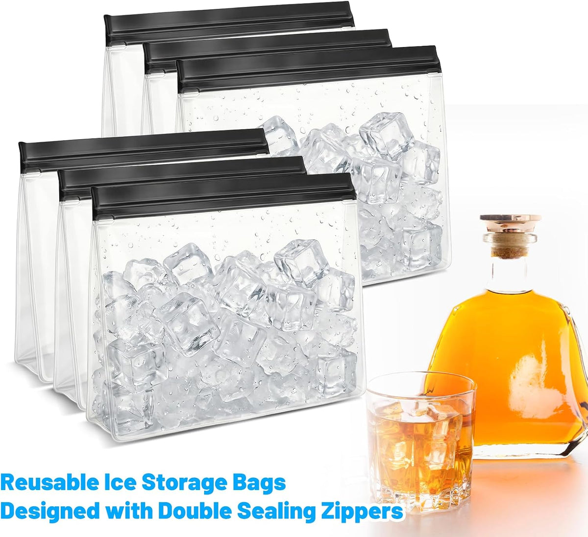 6 Pcs Clear Leak Proof Freezer Bag Reusable Ice Storage Bags 10 x 7.3 inch Ice Cube Bags, Durable Cube Storage Bag Freezer Holder Container with Secure Zip Seal Close Design for Travel Food Cocktails