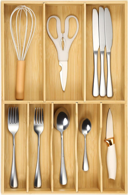 Silverware Organizer for Cabinet Drawer, Expandable from 16.7'' to 30'' Wide Bamboo Wood Flatware Tray for Large Kitchen Drawers, Cutlery Utensil Holder