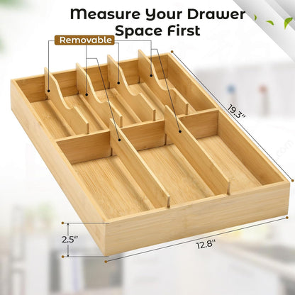 Silverware Organizer for Cabinet Drawer, Expandable from 16.7'' to 30'' Wide Bamboo Wood Flatware Tray for Large Kitchen Drawers, Cutlery Utensil Holder