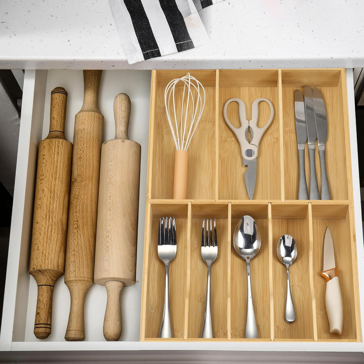 Silverware Organizer for Cabinet Drawer, Expandable from 16.7'' to 30'' Wide Bamboo Wood Flatware Tray for Large Kitchen Drawers, Cutlery Utensil Holder