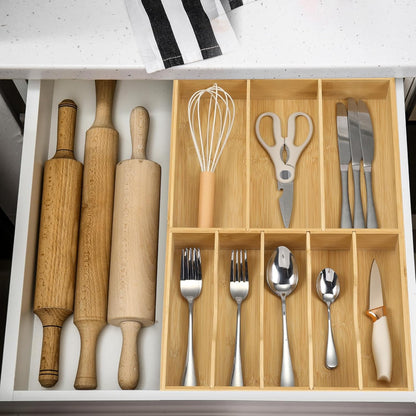 Silverware Organizer for Cabinet Drawer, Expandable from 16.7'' to 30'' Wide Bamboo Wood Flatware Tray for Large Kitchen Drawers, Cutlery Utensil Holder