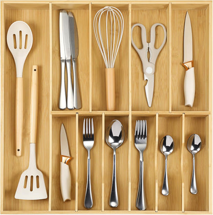 Silverware Organizer for Cabinet Drawer, Expandable from 16.7'' to 30'' Wide Bamboo Wood Flatware Tray for Large Kitchen Drawers, Cutlery Utensil Holder