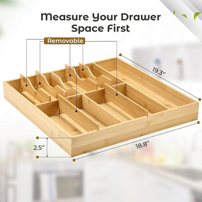 Silverware Organizer for Cabinet Drawer, Expandable from 16.7'' to 30'' Wide Bamboo Wood Flatware Tray for Large Kitchen Drawers, Cutlery Utensil Holder