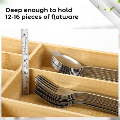 Silverware Organizer for Cabinet Drawer, Expandable from 16.7'' to 30'' Wide Bamboo Wood Flatware Tray for Large Kitchen Drawers, Cutlery Utensil Holder