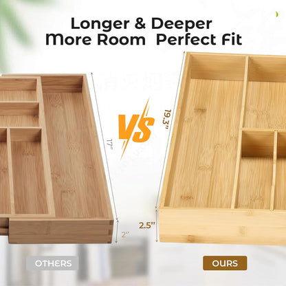 Silverware Organizer for Cabinet Drawer, Expandable from 16.7'' to 30'' Wide Bamboo Wood Flatware Tray for Large Kitchen Drawers, Cutlery Utensil Holder