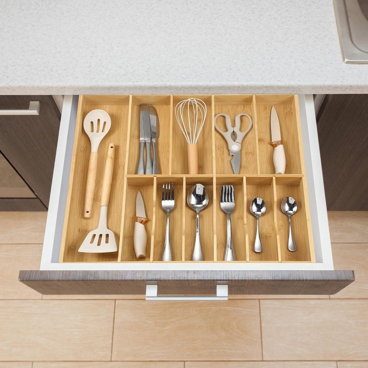 Silverware Organizer for Cabinet Drawer, Expandable from 16.7'' to 30'' Wide Bamboo Wood Flatware Tray for Large Kitchen Drawers, Cutlery Utensil Holder