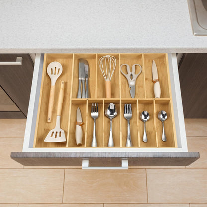 Silverware Organizer for Cabinet Drawer, Expandable from 16.7'' to 30'' Wide Bamboo Wood Flatware Tray for Large Kitchen Drawers, Cutlery Utensil Holder
