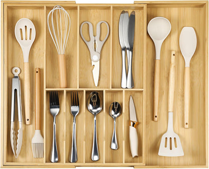 Silverware Organizer for Cabinet Drawer, Expandable from 16.7'' to 30'' Wide Bamboo Wood Flatware Tray for Large Kitchen Drawers, Cutlery Utensil Holder