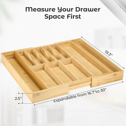 Silverware Organizer for Cabinet Drawer, Expandable from 16.7'' to 30'' Wide Bamboo Wood Flatware Tray for Large Kitchen Drawers, Cutlery Utensil Holder