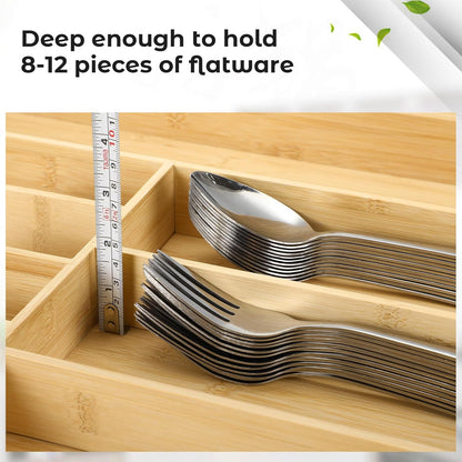 Silverware Organizer for Cabinet Drawer, Expandable from 16.7'' to 30'' Wide Bamboo Wood Flatware Tray for Large Kitchen Drawers, Cutlery Utensil Holder