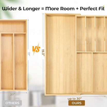 Silverware Organizer for Cabinet Drawer, Expandable from 16.7'' to 30'' Wide Bamboo Wood Flatware Tray for Large Kitchen Drawers, Cutlery Utensil Holder